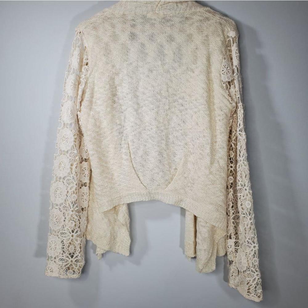 Mystree Open Front Floral Sleeve Knit Cardigan Tan Size Large - Picture 3 of 7